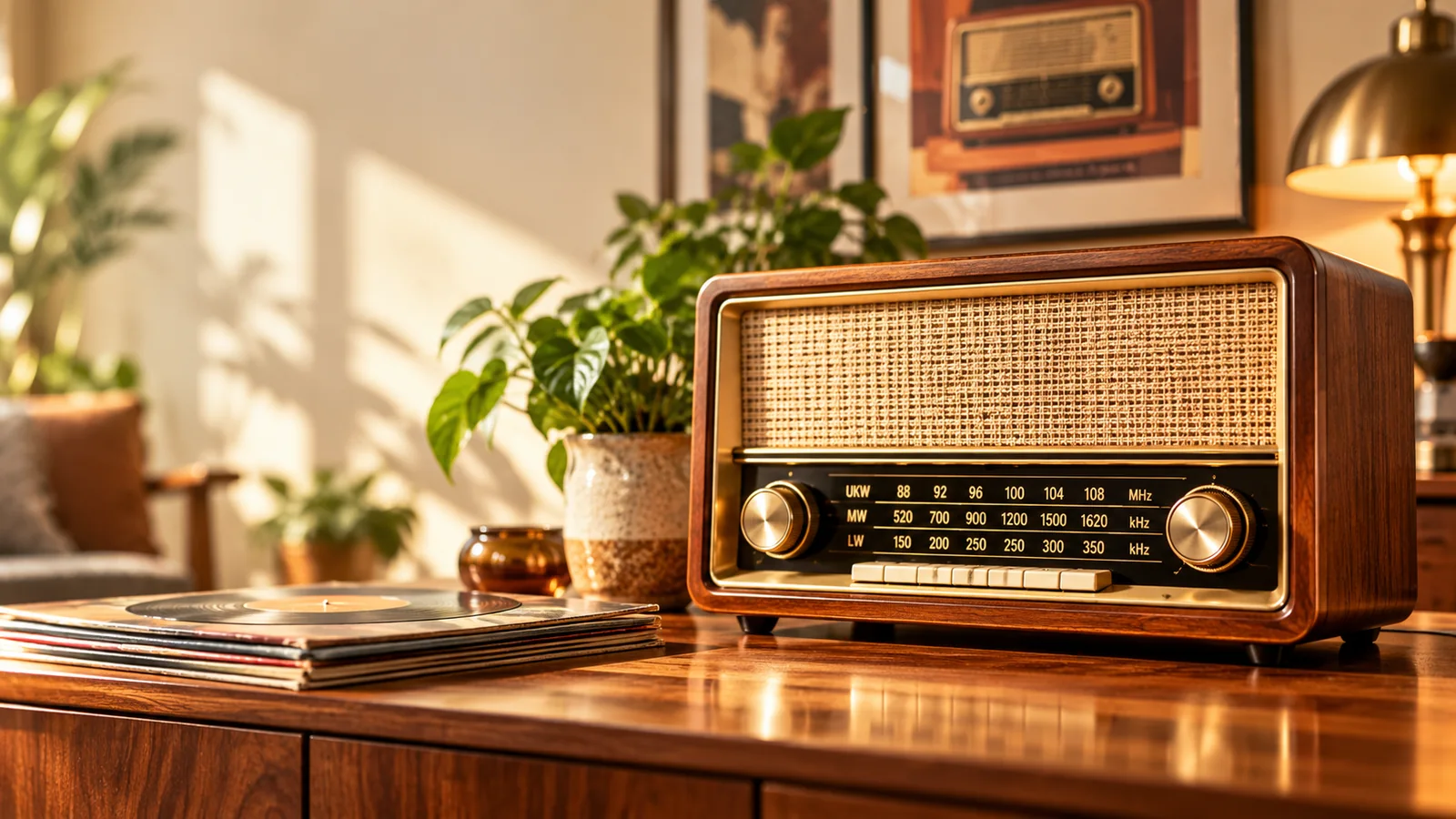 KI-generierte Stimmungsaufnahme eines klassischen Holzradios mit Stoffbespannung und Messingdetails; kein konkretes Kaufprodukt